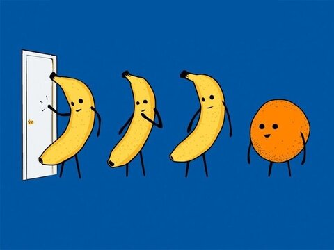 3 bananas and 1 orange lined up behind a door