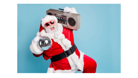 Santa holding a disco ball and boombox