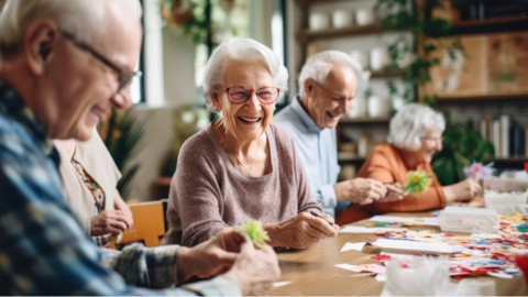 Woman and two men smiling and making crafts
