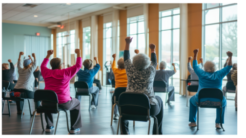 group of people exercising while sitting on a chair
